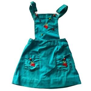 Vintage Girls Overall Dress Fruit Buttons Spring 3T Embroidered  1960s/70s